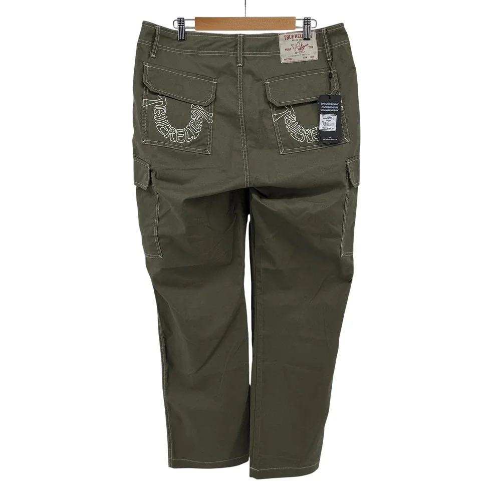 $169 NEW True Religion Kalamata Cargo Pant Men 34 36x32 Olive Green White Stitch